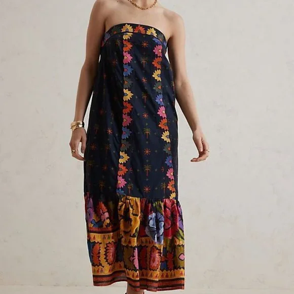 Farm Rio Anthropologie L NWT Embroidered Maxi Dress Black Embroidery 260$ Large - Picture 13 of 13